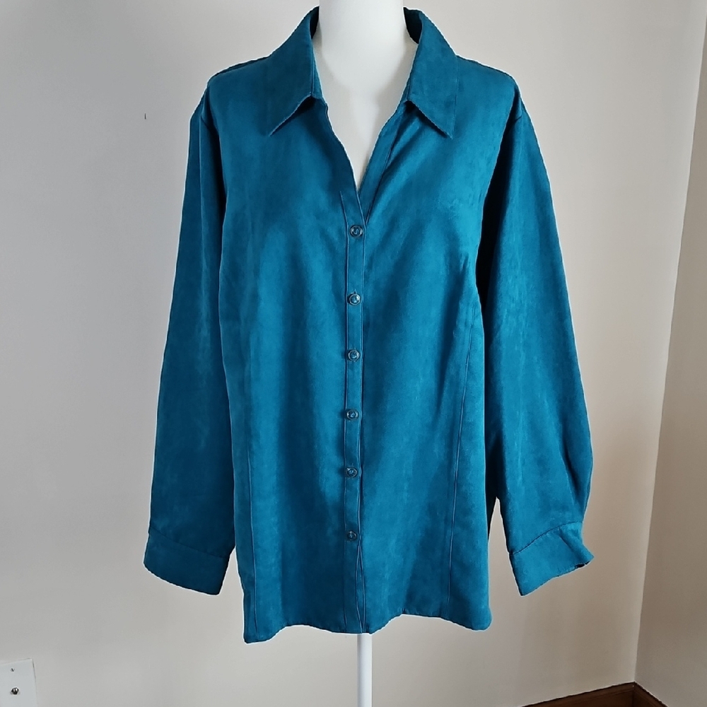 Liz&Me Catherines Button Up Suede Look Blue Long Sleeves Office 2X